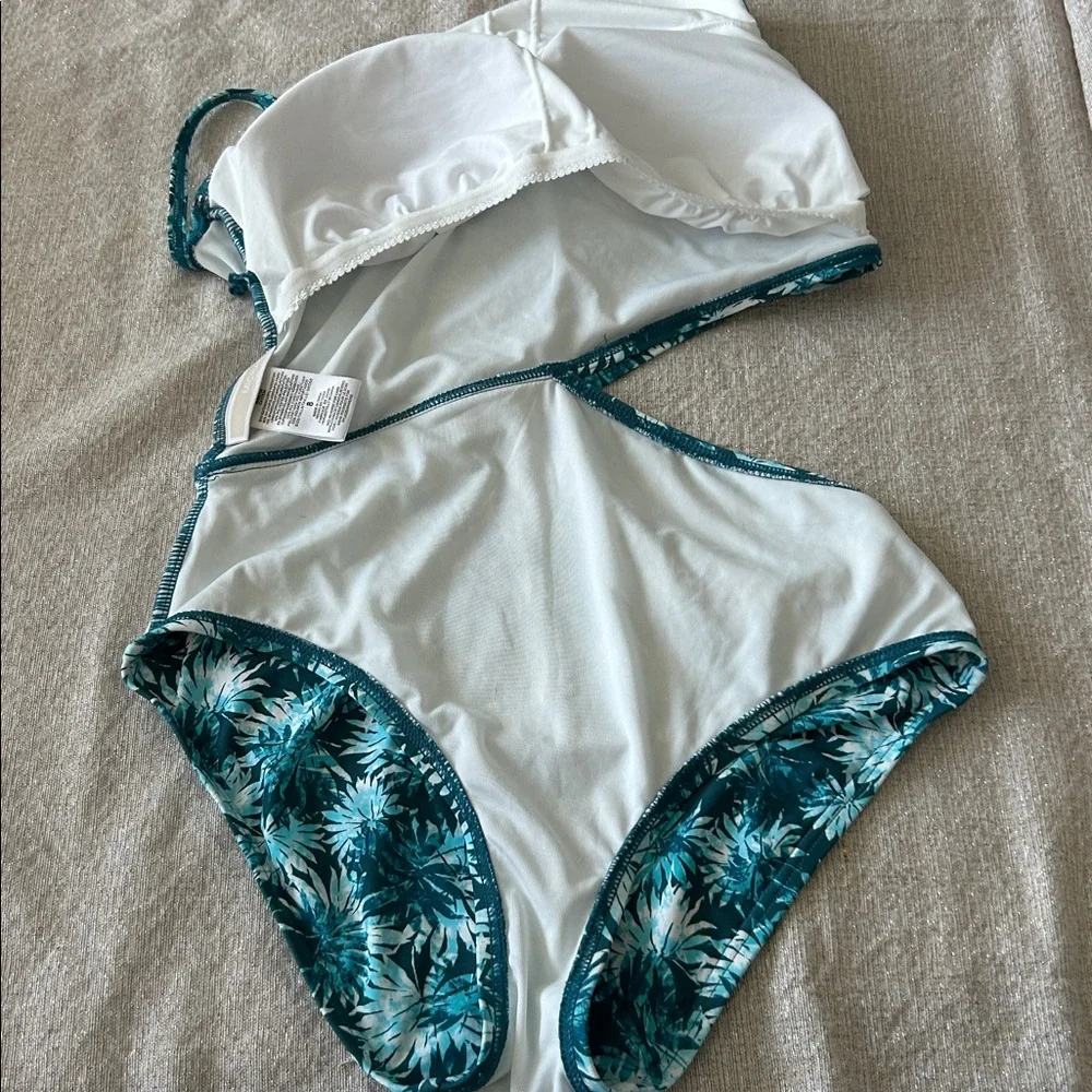 Michael Kors Swimsuit One Piece Cut Out Side One Shoulder Adjustable Teal Palms